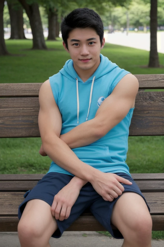 photo of arthur_nory, wearing a (light blue:0.5) sleeveless hoodie BREAK and cargo shorts, relaxing on a park bench, arms resting on the bench, looking at the camera, natural lighting, (smile:0.5)