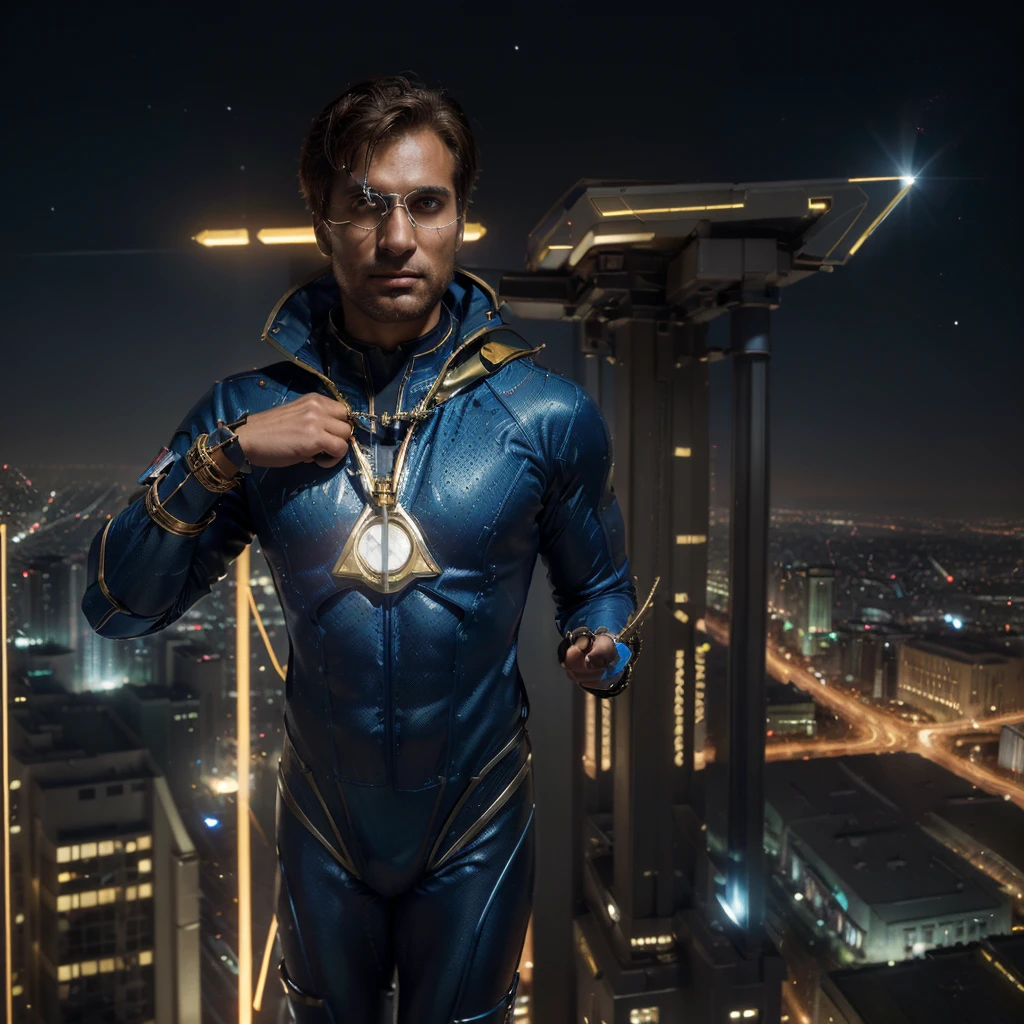 (Masterpiece, 8K, UHD, high resolution: 1.4), heroic portrait of Kumail Nanjiani as Booster Gold from DC Comics, (iconic gold and blue Booster Gold suit: 1.3), (confident and charismatic expression: 1.2), (well-groomed hair and piercing brown eyes: 1.2), (flying over a futuristic city: 1.3), (background with illuminated skyscrapers and starry night sky: 1.1), (technological and holographic elements: 1.2), (communication bracelet and flight device: 1.3), (vibrant and inspiring atmosphere: 1.3), realistic and intricate details, (elements of fantasy and action: 1.2), (dynamic and powerful perspective: 1.3)