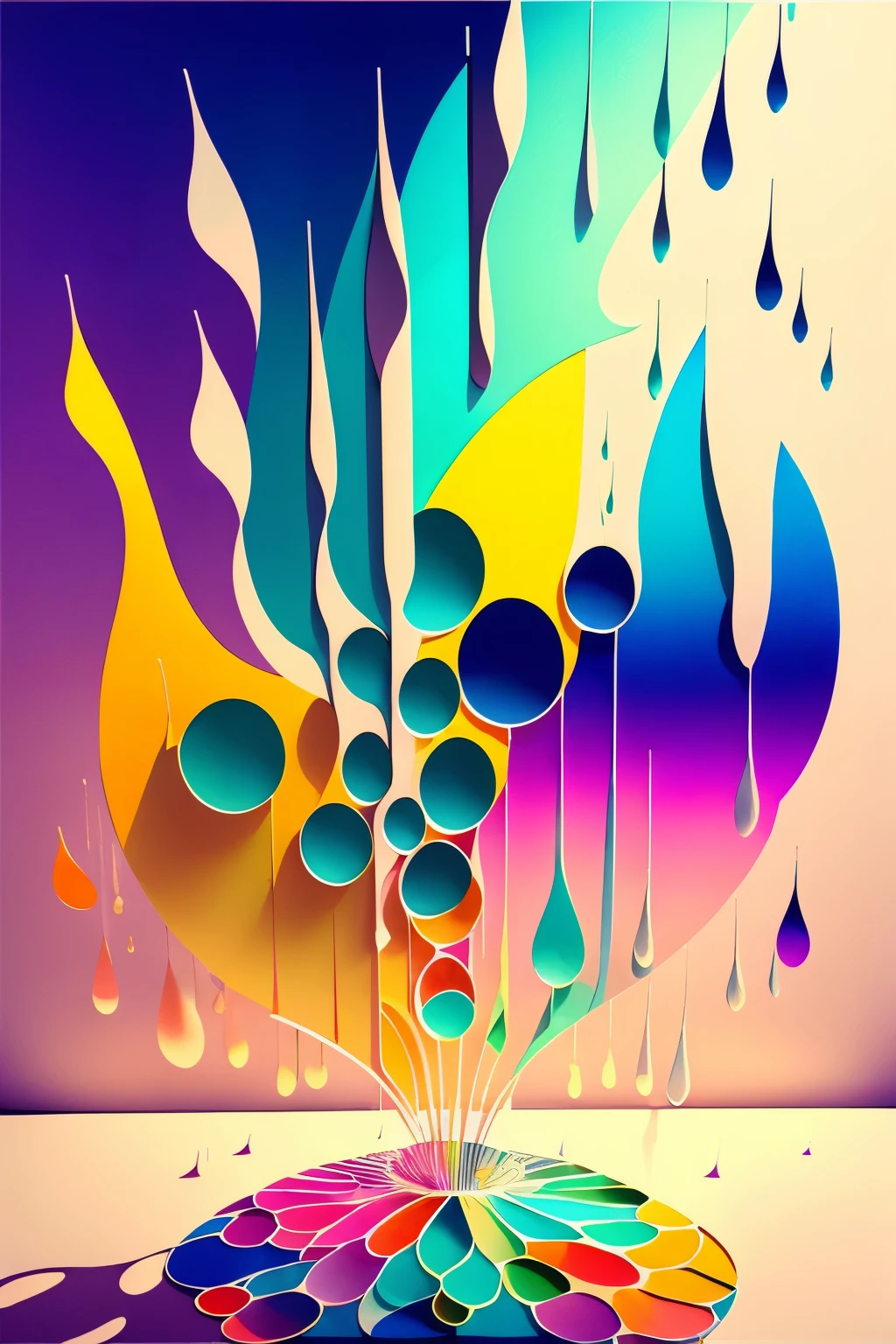 best quality, water droplet ripples, conceptual installation pop art, 2.5D, delicate and dynamic, fusion of watercolors and oil paintings, fusion of paper cutting and shadow puppetry, magic of vivid color shades and contrasts, gradation, wet in wet, water splash, foggy filter effect, Japanese paper quality