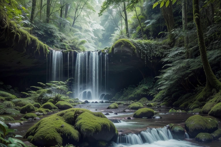 a beautiful waterfall in a dense lush forest, cascading over mossy rocks, surrounded by towering trees, sunlight filtering through the leaves, creating a serene and tranquil atmosphere, (best quality,4k,8k,highres,masterpiece:1.2),ultra-detailed,(realistic,photorealistic,photo-realistic:1.37),landscape,cinematic lighting,vibrant colors,dramatic shadows,intricate details