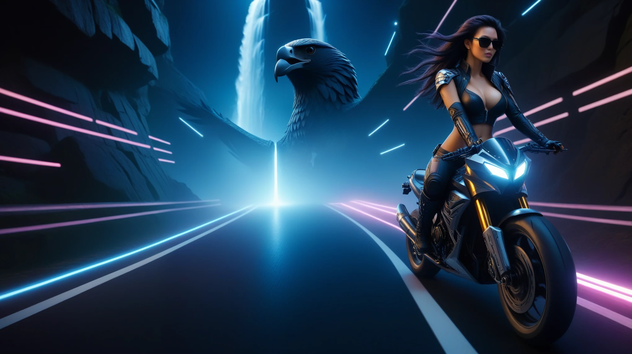 C7b3rp0nkStyle, dark night, prehistoric maze mysterial park, moai statue, waterfall, eagle, cyberpunk, sci-fi, futuristic, tech. (((((1girl, solo, alone, superbiker, close-up superbike shot))))), medium-breast:1.1 slim body, cleavage, sexy clothes, (headphone, black sunglasses, long black realistic hair), (((superbike riding and holding pistol poses))), half-body thigh level medium shot, cinematic lighting, lens flare, ray tracing.