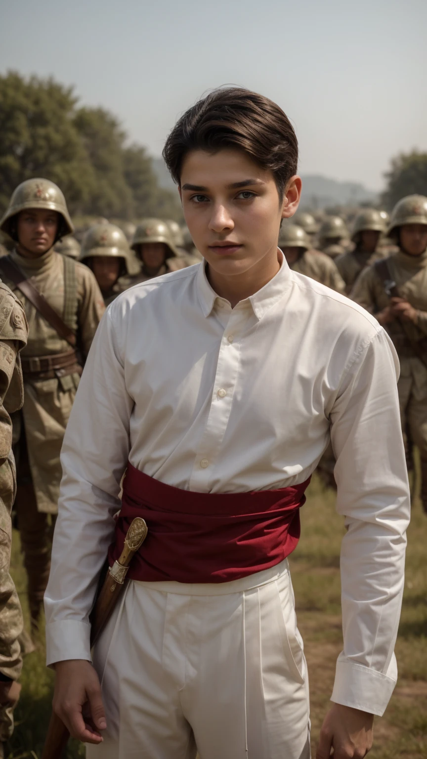A cute, beautiful twink male with black hair and a red face with makeup. He is wearing a long-sleeved, white shirt and brown pants. He is the commander of the army. Behind him is a huge army. He has a golden war sword in his hand, and he is on the great battlefield.