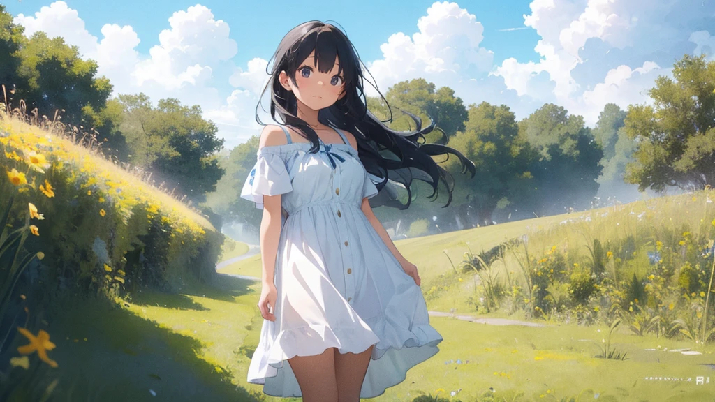 grassland、blue sky、White cumulonimbus cloud、Contrail、Shining Sun、Meadow grass swaying in the wind、Photo quality、Live Action、reality、Transparency、Realistic depiction、8K quality、Hmph、Digital single-lens reflex camera、high quality、Film Grain、Fujifilm XT3、Girl in a white dress、Standing posture、barefoot、Hair swaying in the wind、Shoulder-length hair、Big Breasts、Big Idiom Bob