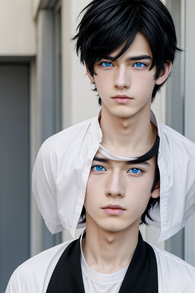 anime style boy, white and half black hair, with blue eyes, pale complexion, with two moles parallel under his eyes