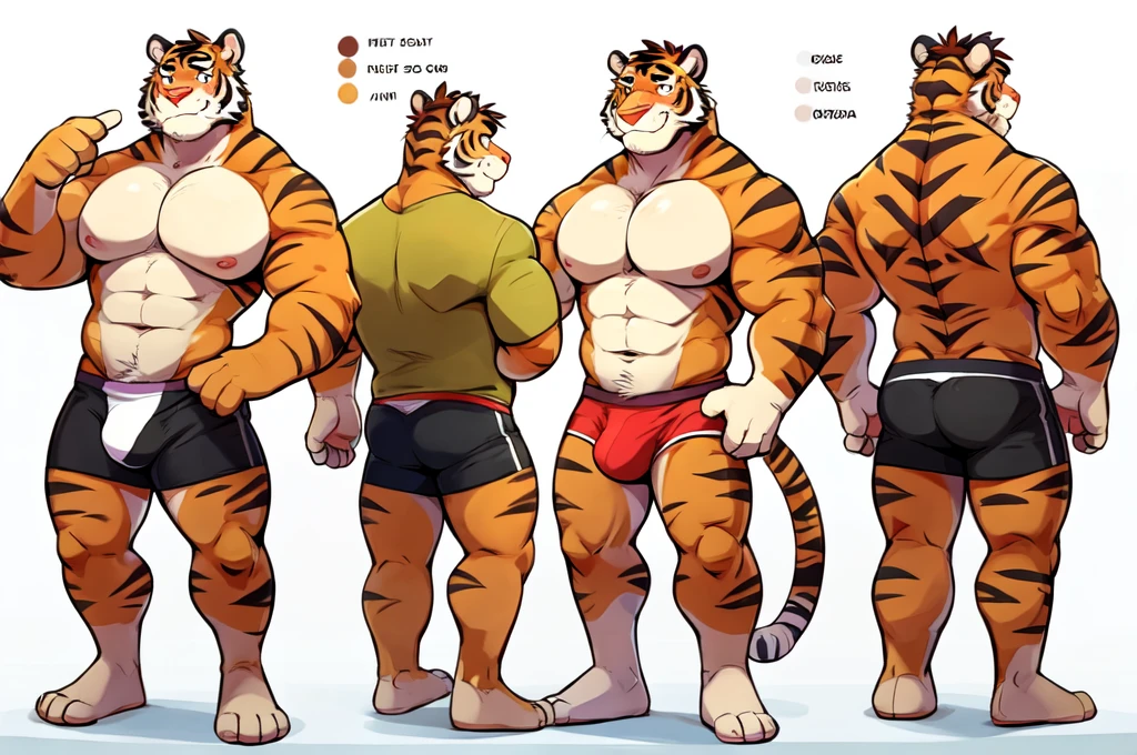 Tiger, By Haps, 1boy, abs, animal ears, bara, bulge, full body, white background, Seminude, Boxers, Character sheet Reference, Full body, backwards
