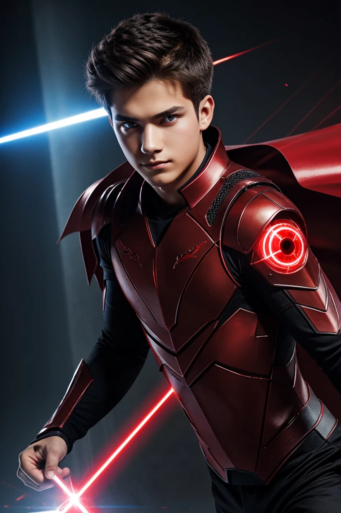 A young man,with hero clothing with metal parts,bright red eyes,laser rays
