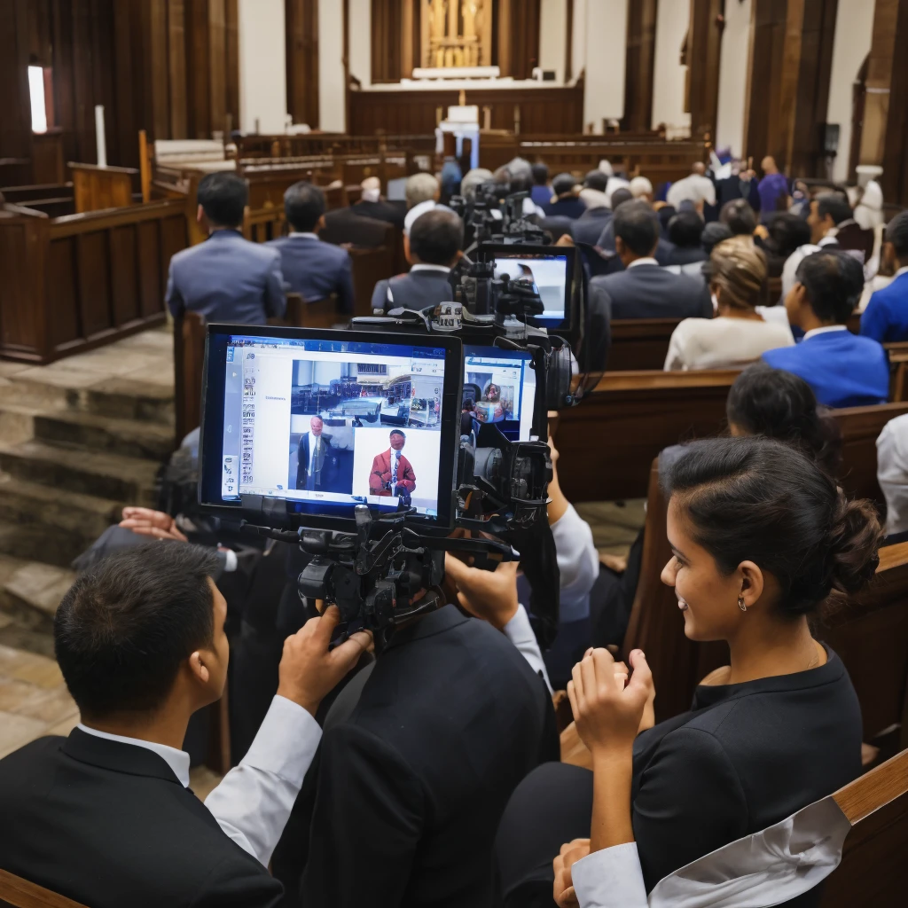 Create an ultra-realistic image that portrays the importance of the media department Igreja de Avivamento Naiote . The image should show a dedicated team working together, with modern media equipment such as cameras, microphones and computers. In the background, there should be an attentive and involved congregation, highlighting how the work of the media connects and inspires the community. The expression of the team members should be one of focus and commitment, while the congregation displays gratitude and engagement. Soft lighting that conveys a welcoming and inspiring atmosphere.

