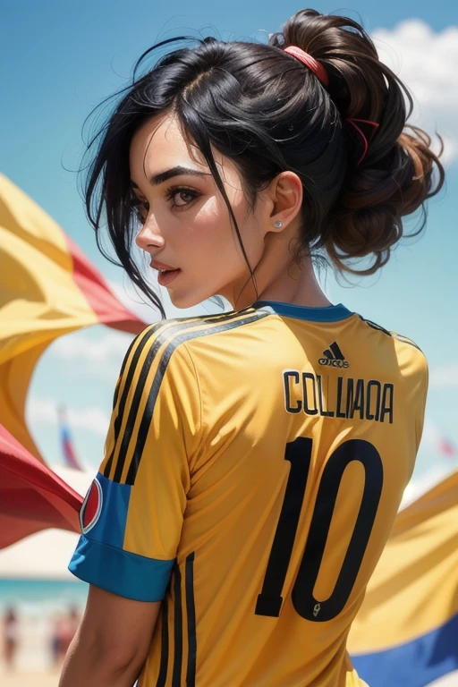 Woman from behind with black hair Colombia national team shirt number 10 player name vivi