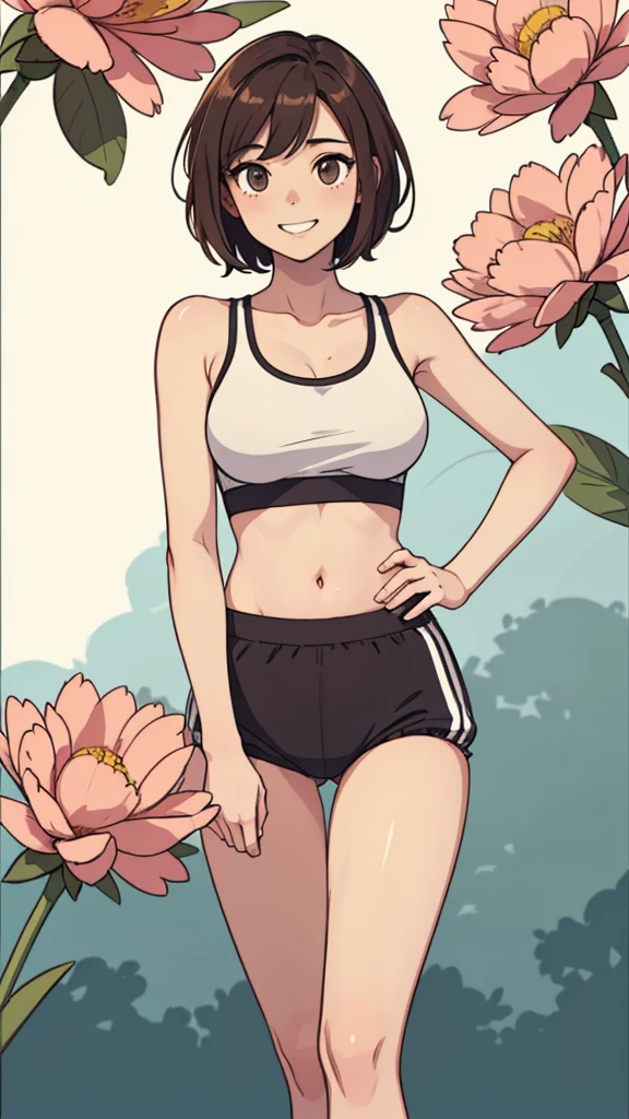 (((masterpiece, best quality, ultra highres, 1 girl, solo, no background))), super detailed skin and face and eyes and finger, beautiful japanese woman, small breasts:1.5, skinny, light brown hair, white background, very short pixie hair, Knee shot, Generate with illustrations, Various expressions, Various poses, Please draw the entire character within the frame, ensuring that the head, arms, and legs are not cut off. The background should be simple, with the character positioned centrally, outline, anime, 2d, boyish, smile showing teeth, (track bloomers:1.5), athletic sports bra, spread legs,