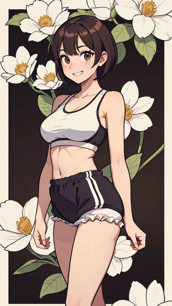 (((masterpiece, best quality, ultra highres, 1 girl, solo, no background))), super detailed skin and face and eyes and finger, beautiful japanese woman, small breasts:1.5, skinny, light brown hair, white background, very short pixie hair, Knee shot, Generate with illustrations, Various expressions, Various poses, Please draw the entire character within the frame, ensuring that the head, arms, and legs are not cut off. The background should be simple, with the character positioned centrally, outline, anime, 2d, boyish, smile showing teeth, (track bloomers:1.5), athletic sports bra, spread legs,