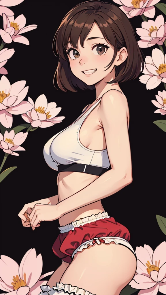 (((masterpiece, best quality, ultra highres, 1 girl, solo, no background))), super detailed skin and face and eyes and finger, beautiful japanese woman, small breasts:1.5, skinny, light brown hair, white background, very short pixie hair, Knee shot, Generate with illustrations, Various expressions, Various poses, Please draw the entire character within the frame, ensuring that the head, arms, and legs are not cut off. The background should be simple, with the character positioned centrally, outline, anime, 2d, boyish, smile showing teeth, (track bloomers:1.5), athletic sports bra, spread legs,