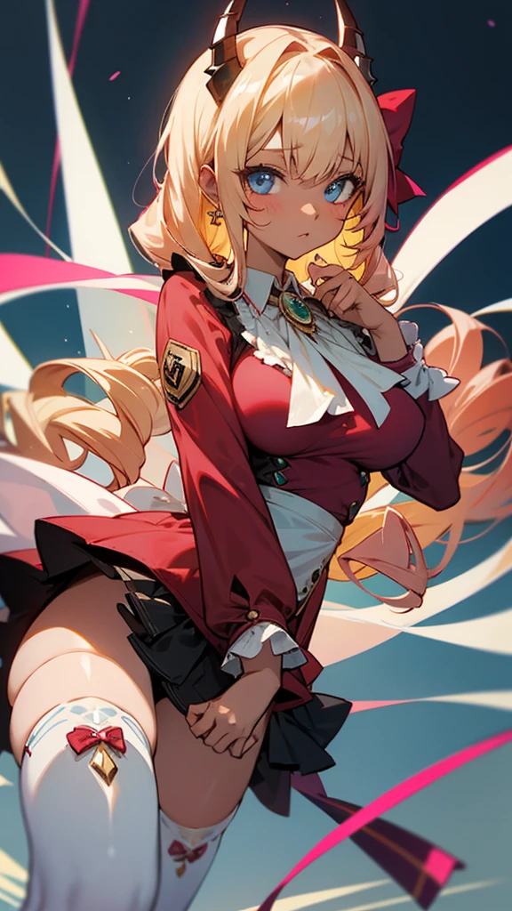 eft_oshi_step, Naon_Yuno, 1girl, solo, long hair, horns, breasts, looking at viewer, colored skin, dark skin, green eyes, facial mark, large breasts, pink hair, dress,, thighhighs,, ClaireFran, CLaireFran,white thighhighs,long sleeves, jewelry,bangs, ascot,ribbon,brooch,red jacket,drill hair, hair bow, blue eyes, bow, ,blonde hair, long hair,drill hair,