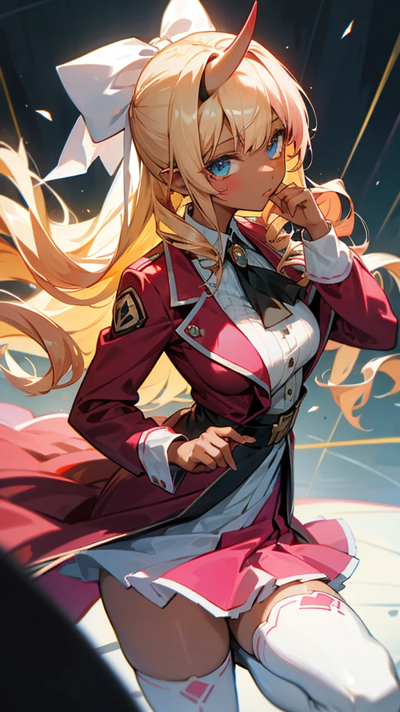 eft_oshi_step, Naon_Yuno, 1girl, solo, long hair, horns, breasts, looking at viewer, colored skin, dark skin, green eyes, facial mark, large breasts, pink hair, dress,, thighhighs,, ClaireFran, CLaireFran,white thighhighs,long sleeves, jewelry,bangs, ascot,ribbon,brooch,red jacket,drill hair, hair bow, blue eyes, bow, ,blonde hair, long hair,drill hair,