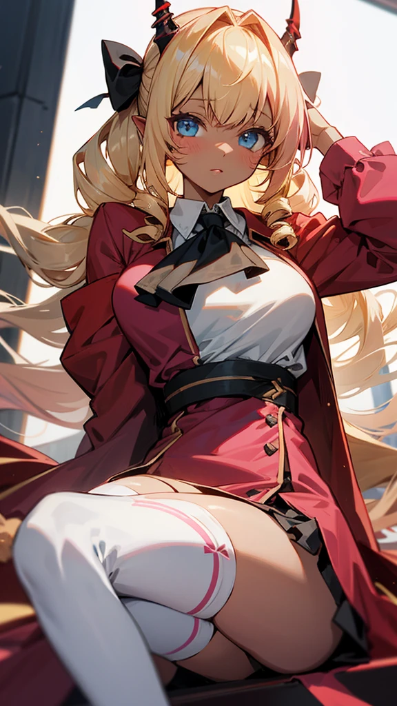 eft_oshi_step, Naon_Yuno, 1girl, solo, long hair, horns, breasts, looking at viewer, colored skin, dark skin, green eyes, facial mark, large breasts, pink hair, dress,, thighhighs,, ClaireFran, CLaireFran,white thighhighs,long sleeves, jewelry,bangs, ascot,ribbon,brooch,red jacket,drill hair, hair bow, blue eyes, bow, ,blonde hair, long hair,drill hair,