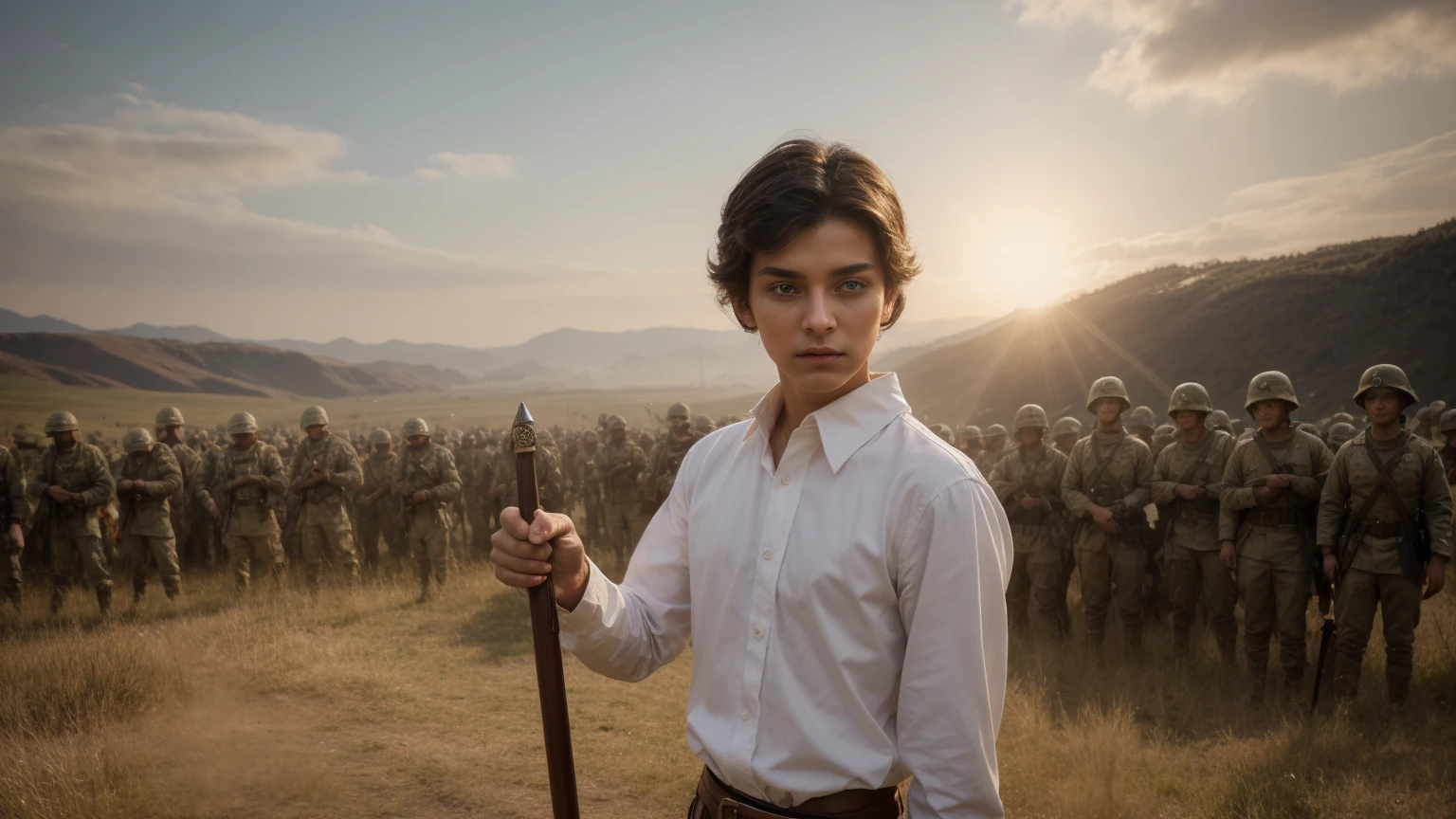 A cute, beautiful twink male with black hair and a red face with makeup. He is wearing a long-sleeved, white shirt and brown pants. He is the commander of the army. Behind him is a huge army. He has a golden war sword in his hand, and he is on the great battlefield.