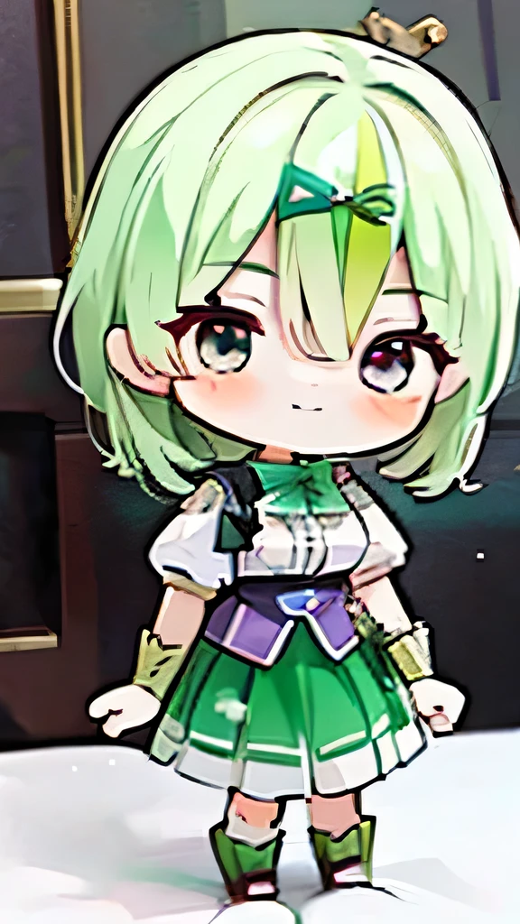 ((masterpiece)),(((Highest quality))), ((Very detailed)), ((figure)), {Beautiful fine details}, In detail, 4k wallpaper, Beautiful fine details, (((Green Hair, Purple eyes, hair ornaments:1))), shirt, white shirt, Short sleeve, skirt, White knee socks, Puffy sleeves, Pink neck bow,Nahida,Sticker Style,C Cup,Slim figure,Love Background,Highly rendered,Detailed face,smile,Are standing,