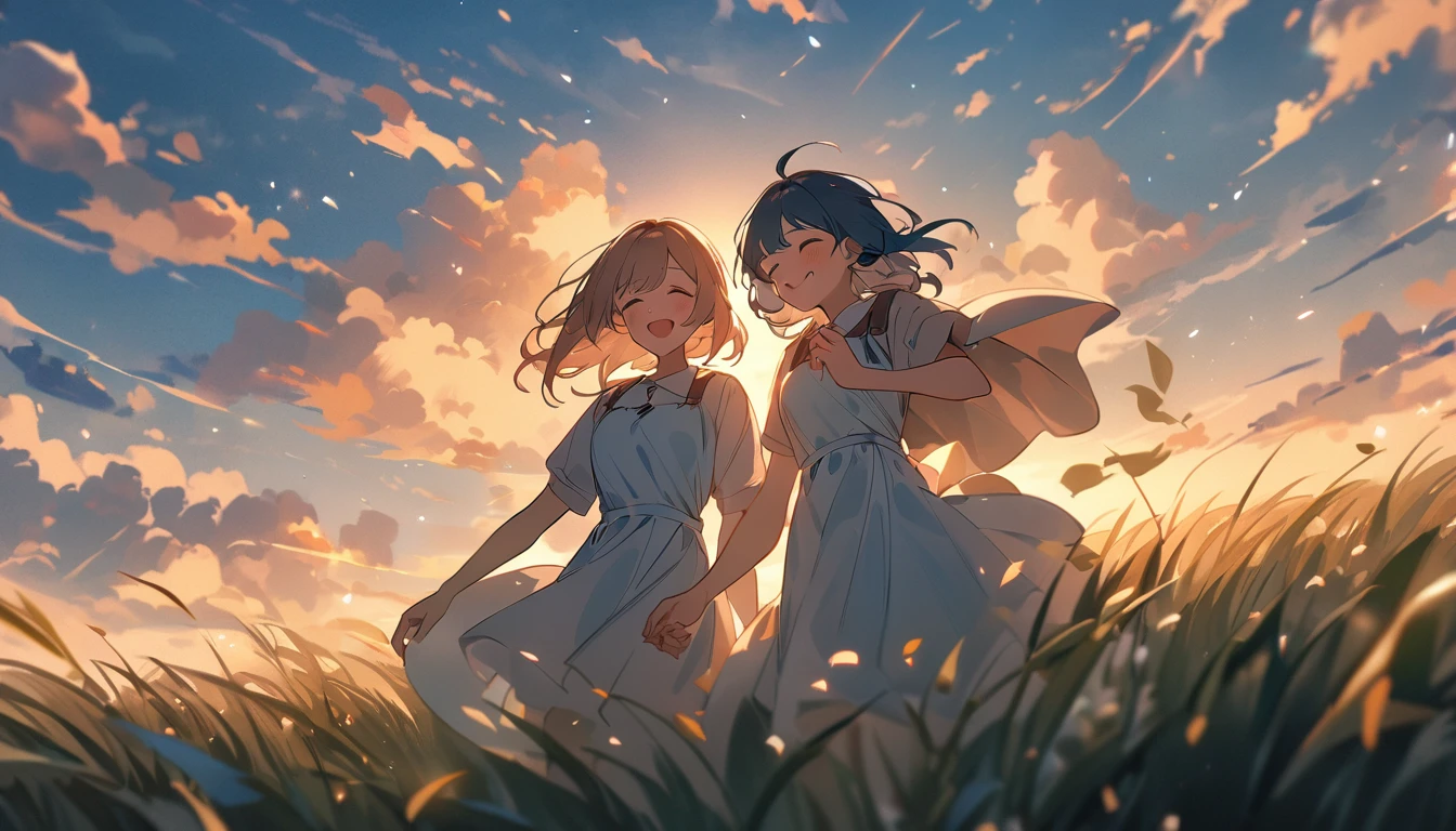 masterpiece, Highest quality, Movie stills, 1 Girl, Cloud Girl,Two Girls, Two good friends , Floating in the sky, close, bright, Happy, Warm and soft lighting, blue sky, (spark:0.7), Vast grassland