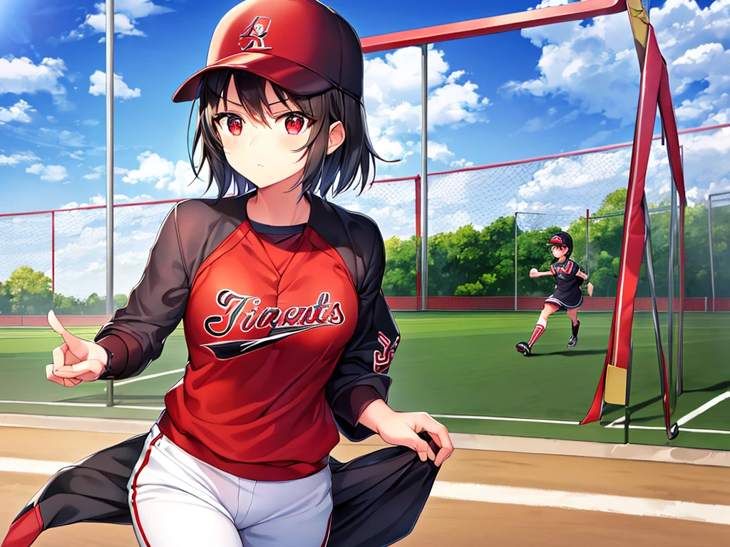 ( Absurd , high quality , Super detailed, Watch your hands )Black short hair,Red eyes,Small breasts,Small breasts,Baseball uniform,Black baseball cap,Long sleeve,White trousers,One Girl,Age: Elementary school student,Baseball Ground,Serious face,Run at full speed
