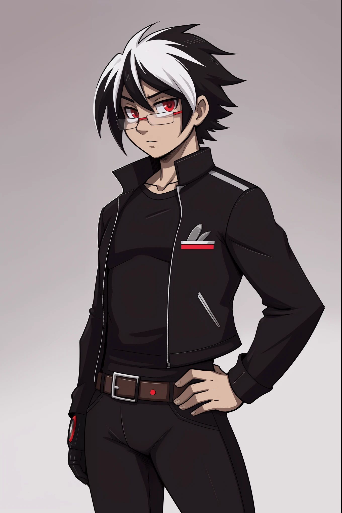 (adult, sketch-ish, 2d, absurdres, best quality, uploaded on e621), (by uc77, by zeekzag, by skidd, by john joseco, by kadath, by bigdad, by shonuff, by scappo), ((white background, no background:1.4)), (waist portrait, manga styled, manga styled eyes, intense pupils, getter robo styled eyes), (glasses), (red eyes:1.3), (human, male), young adult, solo, (focused and neutral expression), (grey jacket with yellow shirt:1.2), (belt, black jeans), (spike side-parted fringe, two-tone hair, multicolored hair, black hair, white hair, white streaks), (really thin simple eyebrows:1.3), [straight hair:0.8], cybernetic mecha arm