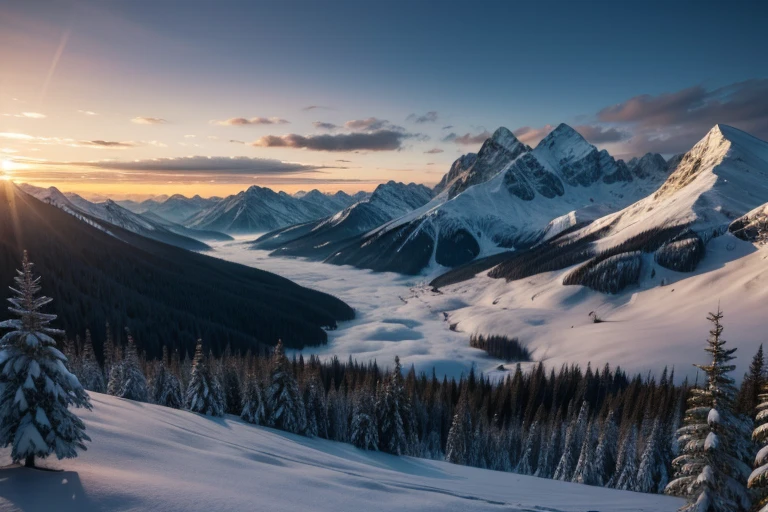a snow-covered mountain, snow-capped peaks, mountainous landscape, evergreen trees, winter scene, cold weather, atmospheric lighting, dramatic sky, cinematic composition, realistic 3D rendering, (best quality,4k,8k,highres,masterpiece:1.2),ultra-detailed,(realistic,photorealistic,photo-realistic:1.37),stunning vista, majestic peaks, serene wilderness, dramatic lighting, vivid colors, natural beauty