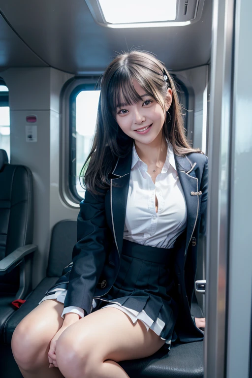 highest quality, masterpiece, Ultra-high resolution, (Reality: 1.4), Original photo, One girl, mature, White JK Uniform, happy smile, large chest , squatting on seat in train,  Cinema Lighting,Leg spread
