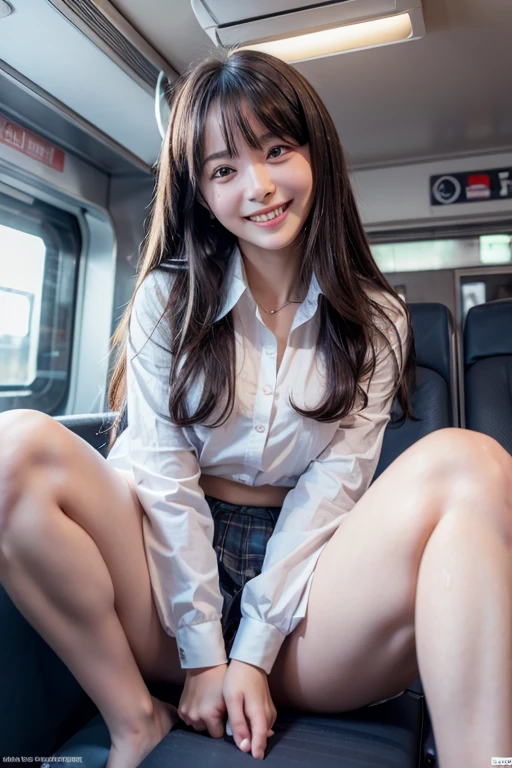 highest quality, masterpiece, Ultra-high resolution, (Reality: 1.4), Original photo, One girl, mature, White JK Uniform, happy smile, large chest , squatting on seat in train, Cinema Lighting,Leg spread