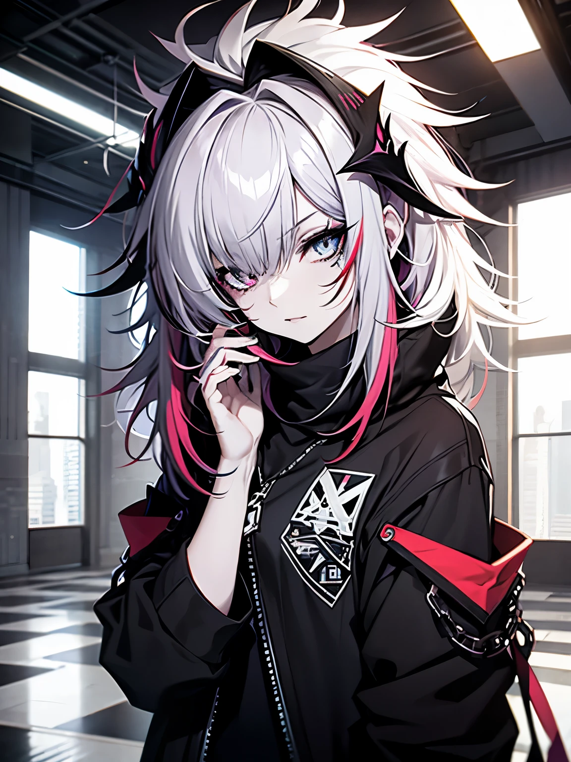 goth, bedhead, color:spectrum, messy hair, multi colored, pale skin, smoky eyes, vivid colors, indoors, flat bangs
