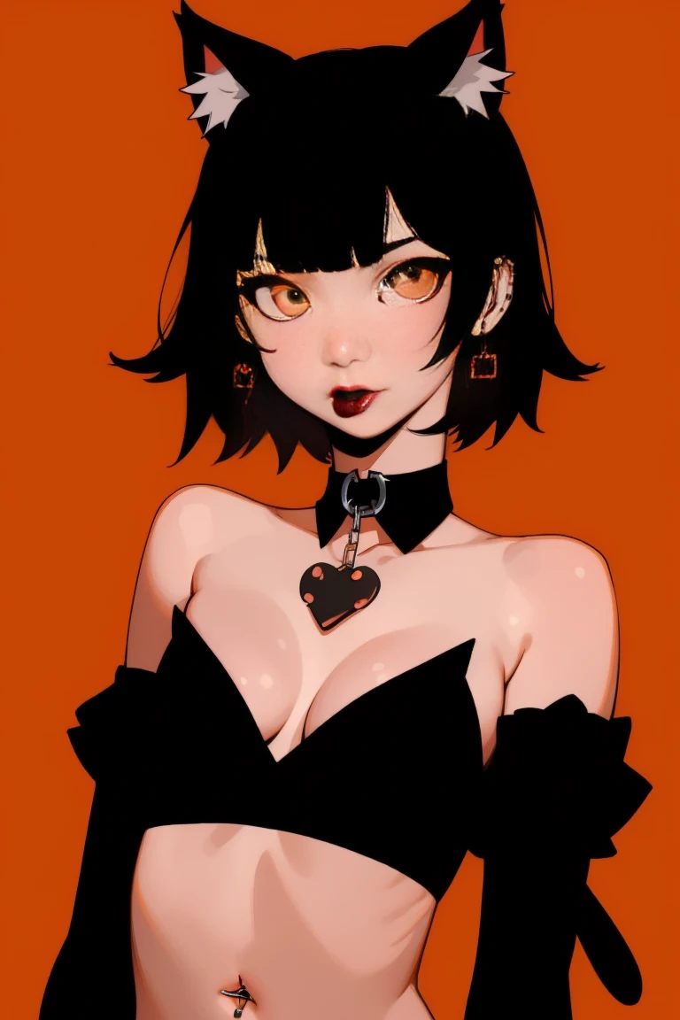 1girl, solo, jewelry, animal_ears, black_lips, short_hair, breasts, black_hair, earrings, makeup, cat_ears, orange_eyes, looking_at_viewer, navel, cleavage, lipstick, bangs, piercing, medium_breasts, collar, upper_body, gloves, elbow_gloves, bare_shoulders, slit_pupils, choker, necklace, midriff, orange_background, strapless