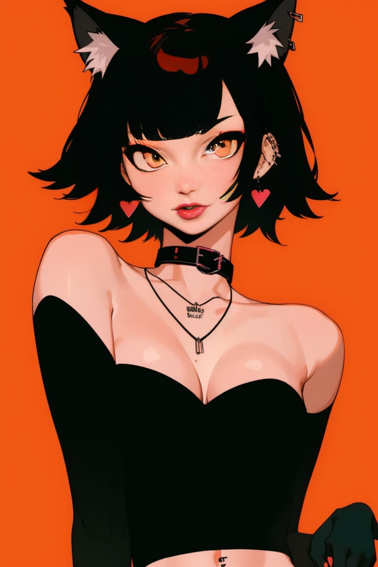 1girl, solo, jewelry, animal_ears, black_lips, short_hair, breasts, black_hair, earrings, makeup, cat_ears, orange_eyes, looking_at_viewer, navel, cleavage, lipstick, bangs, piercing, medium_breasts, collar, upper_body, gloves, elbow_gloves, bare_shoulders, slit_pupils, choker, necklace, midriff, orange_background, strapless