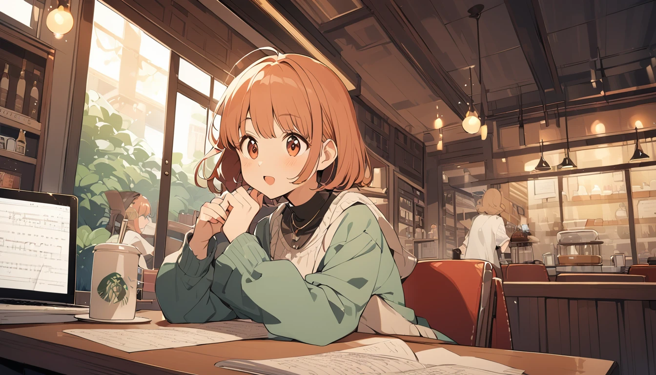 Ghibli style, super large cafe, shiny, Bright, elaborate, ultra high definition, There is music playing in the cafe., modern interior, 18-year-old girl with short hair studying