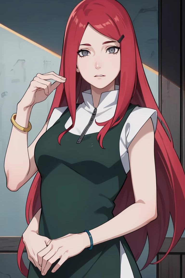 {-error_of_Anatomy:1.0} kushina, kushina, wide, hair ornament, Red hair, Red head, Hair clip, (grey eyes:1.5), break shirt, dress, jewelry, White shirt, short sleeves, oflantal, bracelet, green oflantal, neck, REST inside, BREAK (Masterpiece:1.2), Best Quality, high resolution, fondo of pantalla of unidad 8k, (illustration:0.8), (Hermosos ojos oftallados:1.6), cara extremadamente oftallada, perfect lighting, CG extremadamente oftallado, (perfect hands, Anatomy perfecta),