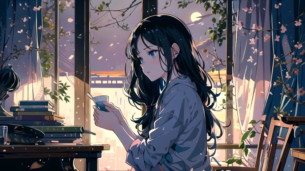 Create an illustration of a girl with black hair and blue eyes, sitting in a chair in front of a desk, Sentimental, Introspective look。, The moonlight gently shines into the room, Gently illuminate the space, Curtains sway in the wind, Increase tranquility, Dark mood, Emphasise the theme of loneliness, silence, And the depths of night, The room is dark、dimly lit by the moonlight