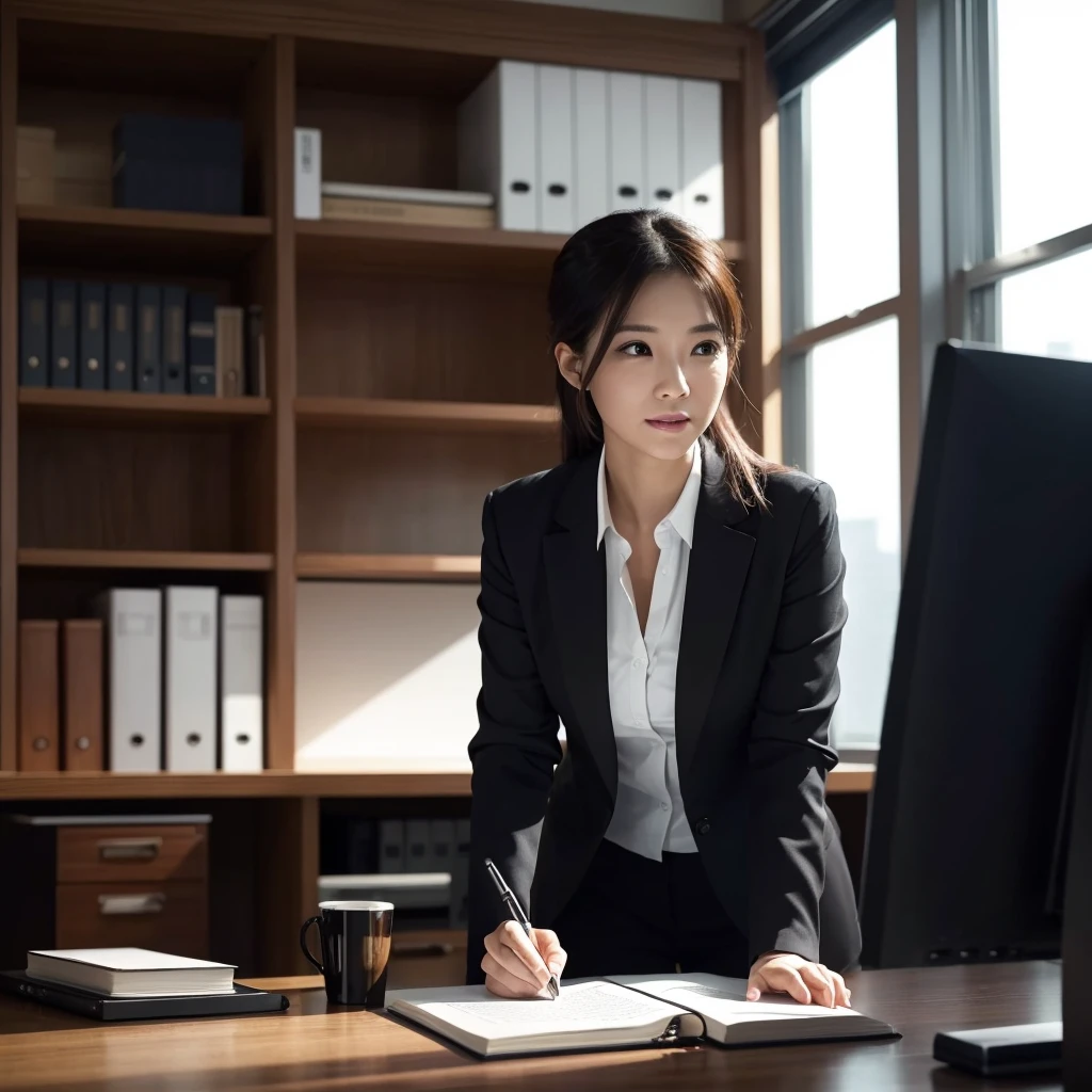 The image shows、Picture a businesswoman up to no good in a modern office.。Zoom in on her face。She is wearing a smart business suit、Sitting at a desk、I have a cunning expression on my face。There is a sharp light in your eyes、There is a meaningful smile on his face。There are important documents and a laptop on the desk.、I have a pen in my hand。In the background of the office、Other desks and chairs、There are bookshelves etc.、Indirect lighting softly illuminates the entire space。The contrast between light and shadow is clear、It emphasizes her serious and dark atmosphere that gives off a sense of malice.。