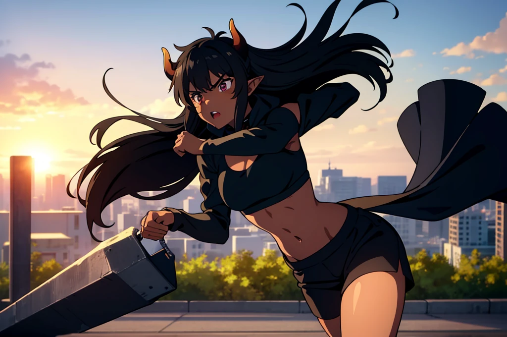 (((1girl ,25s,adult,mature female,solo))),long hair, black hair,horns,elf ears,((black scarf)),cleavage,(((dark skin))),(black sports bra,black sports shorts, midriff),leather boots,long sleeves,angry,running alone on the railroad tracks on undergrounds,The wind ruffled her hair,from front