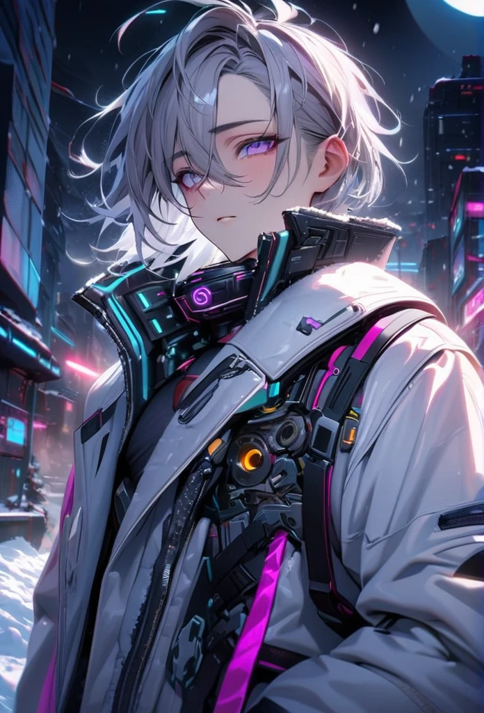 absurdres, highres, ultra detailed, HDR, master piece, best quality, extremely detailed face and eyes, gray hair with short bangs, hair between the eyes, expressive purple eyes, solo, sexy man, handsome, 25
years old,white coat, black pants, moon, Cyber Punk,snow