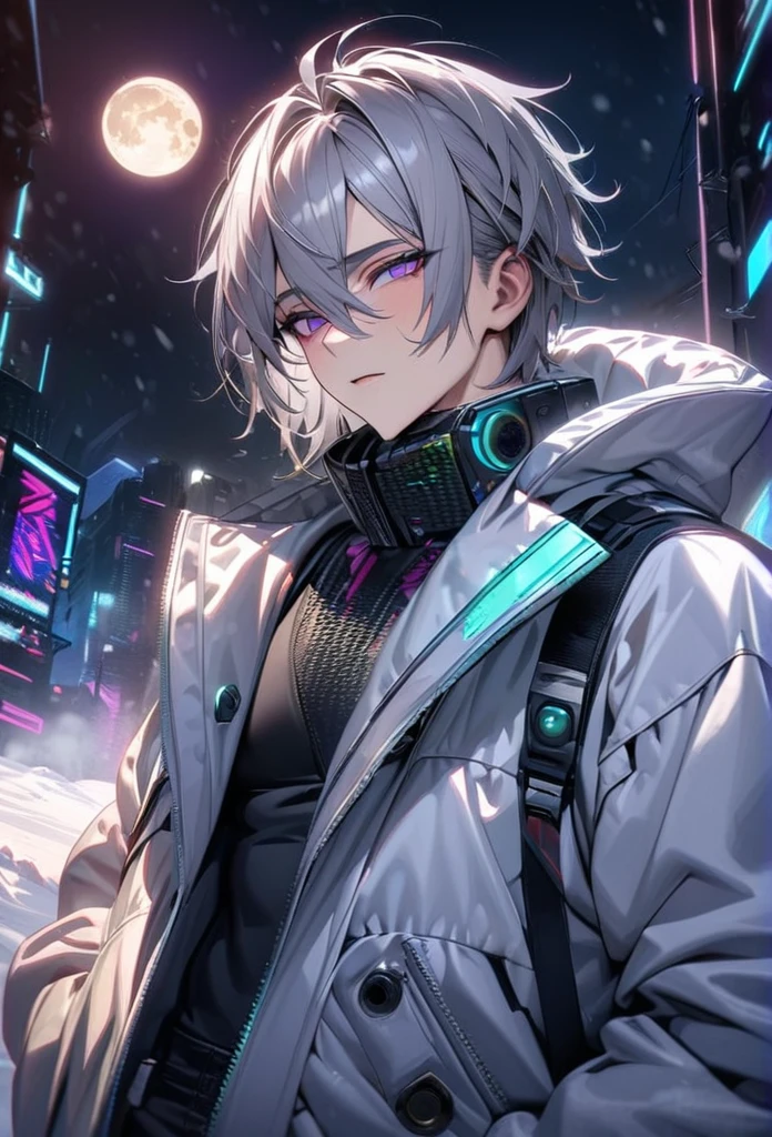 absurdres, highres, ultra detailed, HDR, master piece, best quality, extremely detailed face and eyes, gray hair with short bangs, hair between the eyes, expressive purple eyes, solo, sexy man, handsome, 25
years old,white coat, black pants, moon, Cyber Punk,snow