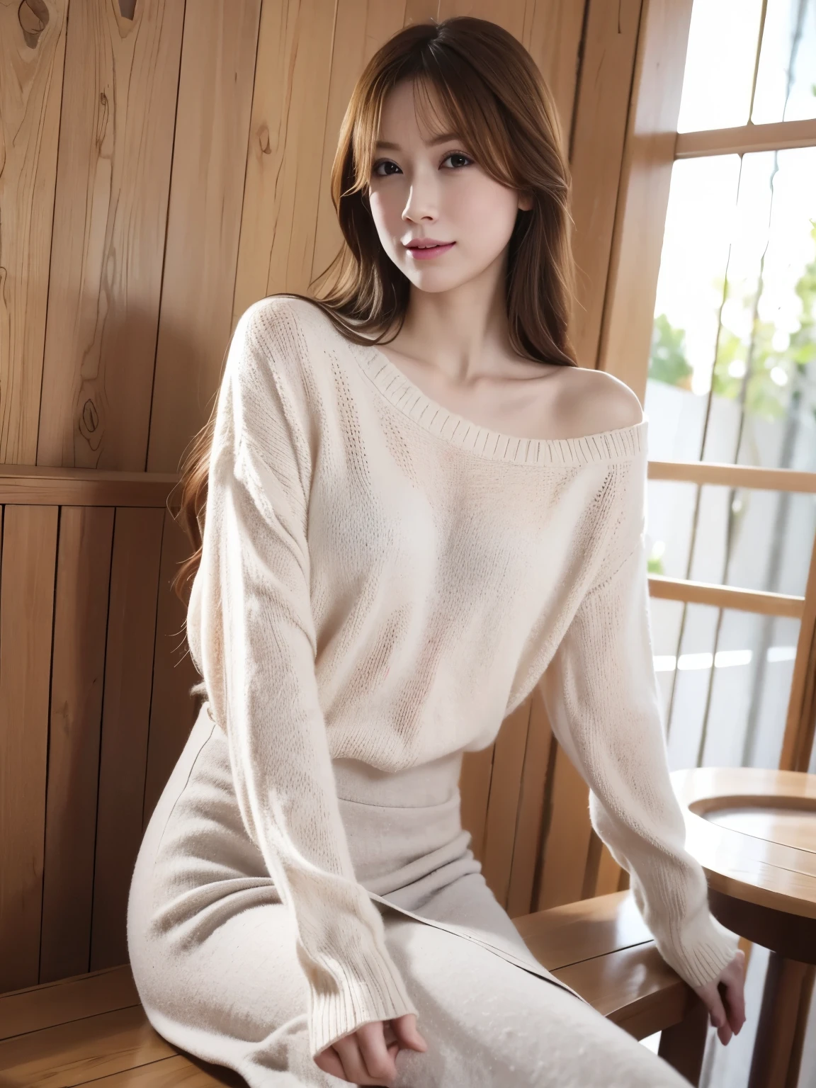 1woman, solo, close up, slender, (( sweater and long elegant shallw colored skirt)) ,((soft smiling)), (best quality,8k,highres,masterpiece:1.3), ultra-detailed, (realistic,photorealistic,photo-realistic:1.37), portrait, cinematic, warm lighting, medium format, golden hour, dramatic shadows, vibrant colors,(( at seaside area )), ((cute posing)),(( in Café))