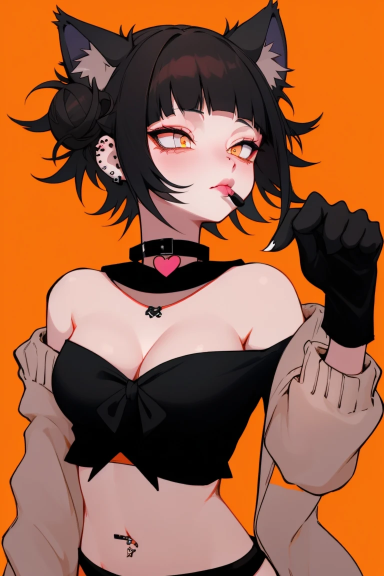 1girl, solo, jewelry, animal_ears, black_lips, short_hair, breasts, black_hair, earrings, makeup, cat_ears, orange_eyes, looking_at_viewer, navel, cleavage, lipstick, bangs, piercing, medium_breasts, collar, upper_body, gloves, elbow_gloves, bare_shoulders, slit_pupils, choker, necklace, midriff, orange_background, strapless