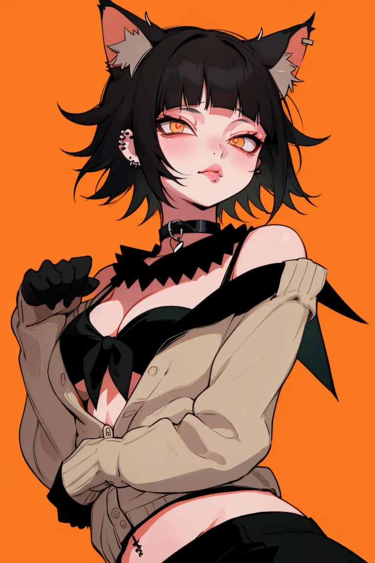 1girl, solo, jewelry, animal_ears, black_lips, short_hair, breasts, black_hair, earrings, makeup, cat_ears, orange_eyes, looking_at_viewer, navel, cleavage, lipstick, bangs, piercing, medium_breasts, collar, upper_body, gloves, elbow_gloves, bare_shoulders, slit_pupils, choker, necklace, midriff, orange_background, strapless