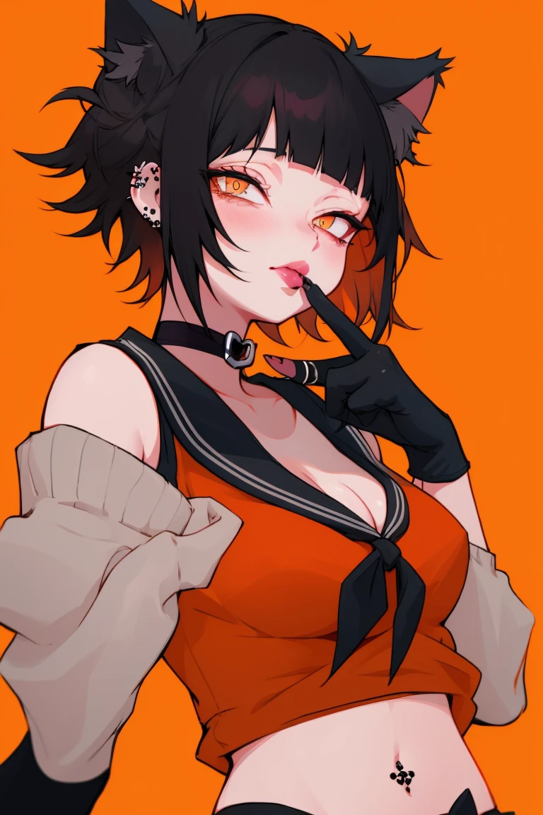 1girl, solo, jewelry, animal_ears, black_lips, short_hair, breasts, black_hair, earrings, makeup, cat_ears, orange_eyes, looking_at_viewer, navel, cleavage, lipstick, bangs, piercing, medium_breasts, collar, upper_body, gloves, elbow_gloves, bare_shoulders, slit_pupils, choker, necklace, midriff, orange_background, strapless