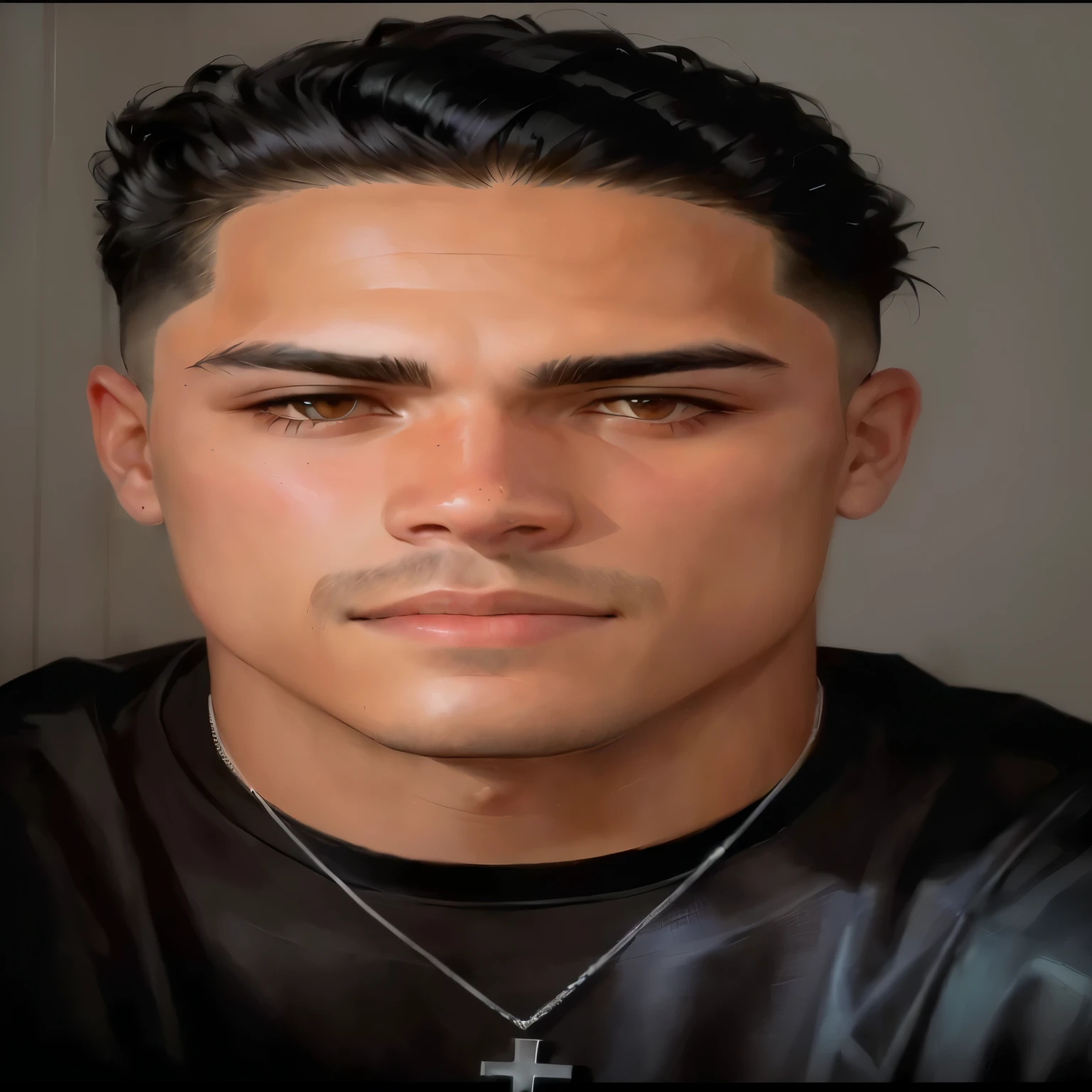 a close up of a man with a cross necklace around his neck, inspired by Carlos Berlanga, clean shaved face, wide shaved and clean face, profile picture with headshot, inspired by Robbie Trevino, Andre Gonzalez, portrait of Danny González, beautifull detailed face, taken at the beginning of 2020, Jayson Tatum as heroic guerrilla