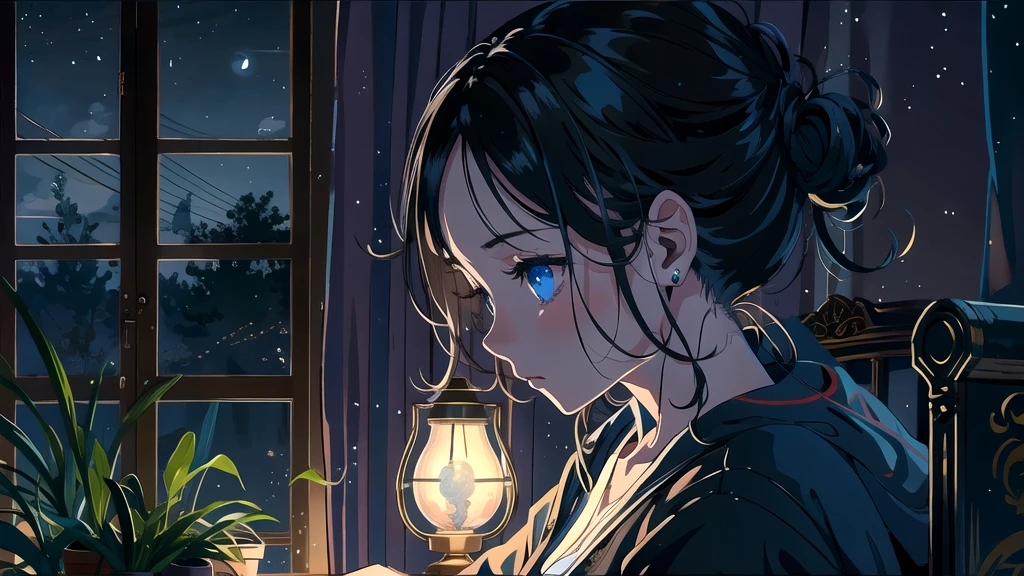Create an illustration of a girl with black hair and blue eyes, sitting in a chair in front of a desk, Sentimental, Introspective look。, The moonlight gently shines into the room, Gently illuminate the space, Curtains sway in the wind, Increase tranquility, Dark mood, Emphasise the theme of loneliness, silence, And the depths of night, The room is dark、dimly lit by the moonlight