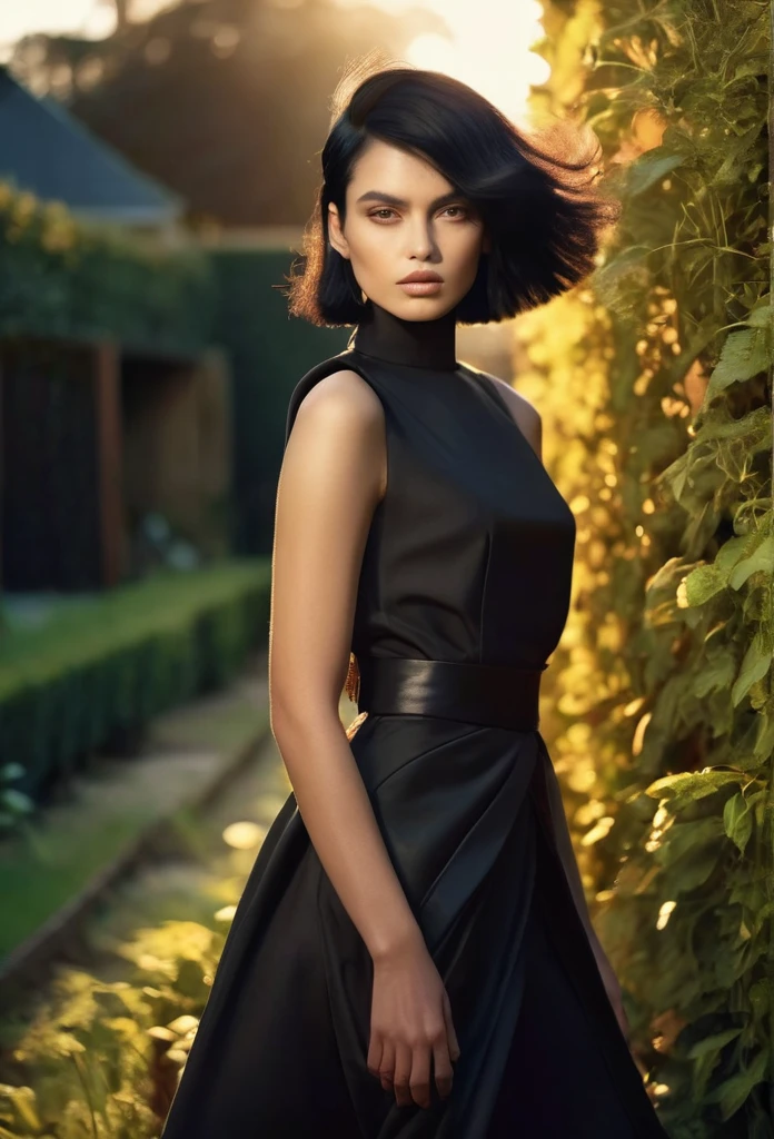 golden hour, garden, back lighting, fashion shoot, caucasian female with black hair, looking at the camera, dynamic pose, in the style of Vogue, Avant-garde Fashion page, warm lighting
