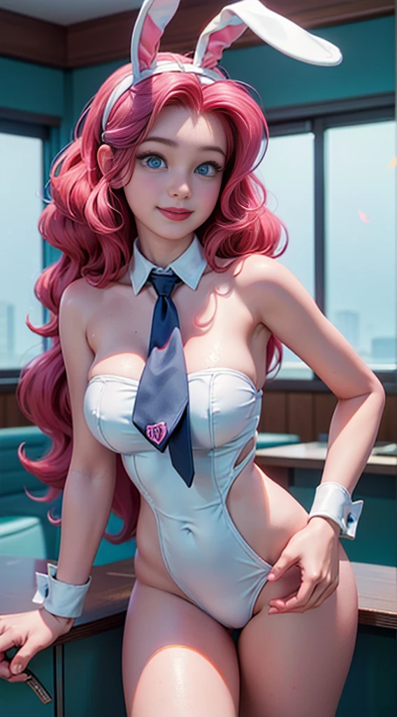 ((best qualityer)), ((highy detailed)), work of art, (detailedeyes, deep eyes), (1 girl), dynamic angle, cowboy shot, mlppinkiepie, Woman, ssmile, gazing at viewer, ((bright long pink hair)), ((blue colored eyes)), ((big curly hair)), ((gleeful ssmile)), (((light blue strapless swimsuit))), neckleace, (indoor cafeteria), white rabbit tail in the ass, (((white wrist cuffs))), ((white collar, butterfly necktie, bunny ears)), Woman, sensuous, rosy cheeks, very big tits, realistic proportions, headband, hand on hip, curvy body, lipstick, fishnet stocking, Curvy hips, busty, leaning forward, hands on hips