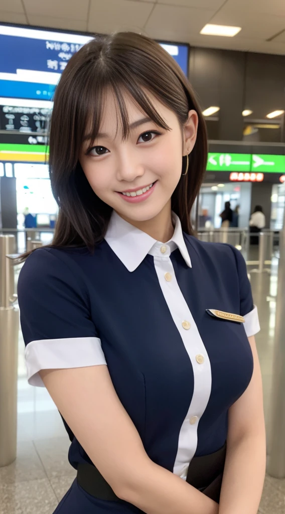 Tabletop, Highest quality, shape, Very detailed, In detail, High resolution, 8k wallpaper, Perfect dynamic composition, Beautiful details, stewardess,Medium Hair,  Natural color lip, Random sexy poses,smile,airport、20-year-old girl、Lively Faces、Realistic Skin、Realistic eyes、cute　Provocative look　airportで撮影するstewardess　stewardessの衣装　人を惹きつけるsmile