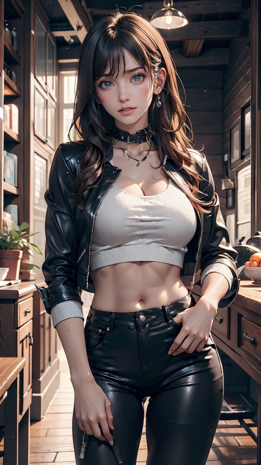 Girl wearing a spiked collar、24 year old Caucasian female、Sexy proportions、Punk rock fashion、Black Shirt、Leather jacket、Leather leggings、Flashy makeup、long hair、