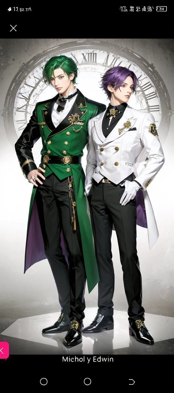 anime characters dressed in formal clothes standing next to each other, an album cover inspired by Okumura Masanobu, Trends in CG society, neo-romanticism, two handsome anime men, one man with green hair and the other man with purple hair, akehiko inoue y ross tran, two men, elegant anime key visual, beautiful androgynous prince, Sakimichan and Frank Franzzeta, androgynous prince