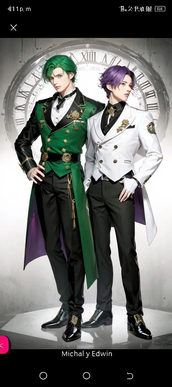 anime characters dressed in formal clothes standing next to each other, an album cover inspired by Okumura Masanobu, Trends in CG society, neo-romanticism, two handsome anime men, one man with green hair and the other man with purple hair, akehiko inoue y ross tran, two men, elegant anime key visual, beautiful androgynous prince, Sakimichan and Frank Franzzeta, androgynous prince