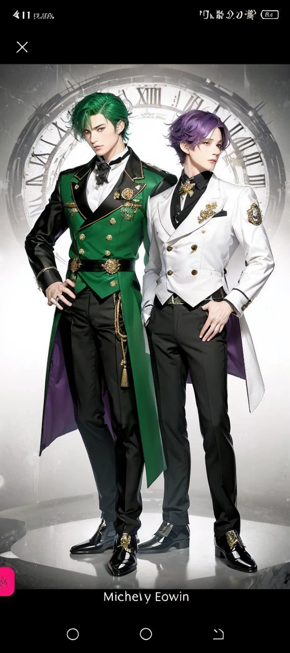 anime characters dressed in formal clothes standing next to each other, an album cover inspired by Okumura Masanobu, Trends in CG society, neo-romanticism, two handsome anime men, one man with green hair and the other man with purple hair, akehiko inoue y ross tran, two men, elegant anime key visual, beautiful androgynous prince, Sakimichan and Frank Franzzeta, androgynous prince