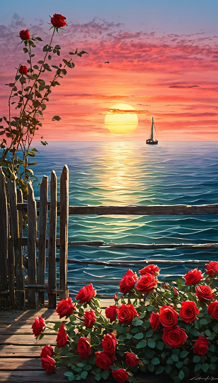 A captivating watercolor painting that depicts a lush array of red roses, entwined around a weathered wooden fence. The vibrant red hues of the roses contrast with the faded, natural tones of the wood. In the distance, the sea shimmers under the golden light of the setting sun, and a solitary boat can be seen sailing towards the horizon. The overall atmosphere of the painting is serene and nostalgic, evoking a sense of tranquility., vibrant, cinematic, photo, illustration, painting, 3d render, poster, product, portrait photography, conceptual art, wildlife photographyLess
Magic PromptA captivating watercolor painting that presents a lush, vibrant array of red roses, entwining around a weathered wooden fence.The bold red hues of the roses create a striking contrast with the faded, natural tones of the wood. In the distance, the sea glimmers under the golden light of the setting sun, and a solitary boat can be seen sailing towards the horizon. The overall atmosphere of the painting is serene and nostalgic, evoking a sense of tranquility and timeless beauty. This artwork would make a stunning poster or product design, capturing the essence of a cinematic, conceptual masterpiece., conceptual art, wildlife photography, cinematic, poster, painting, vibrant, illustration, 3d render, product, portrait photography, photoLess, conceptual art, painting, cinematic, illustration, photo